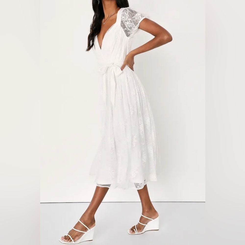 Lulus Romantic Prose White lace Puff Sleeve Midi Skater Dress Size S